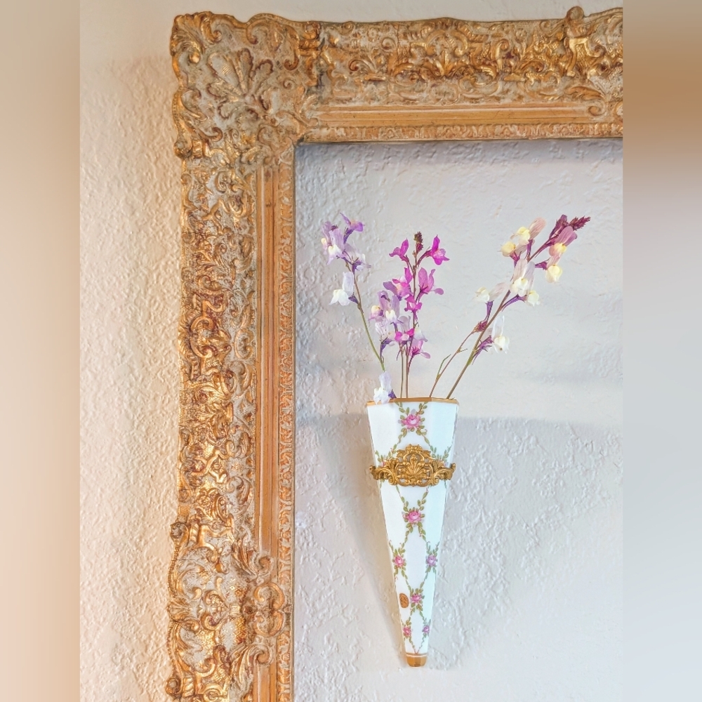 Antique French Baccarat Handpainted Floral White Opaline Ormolu Wall Vase